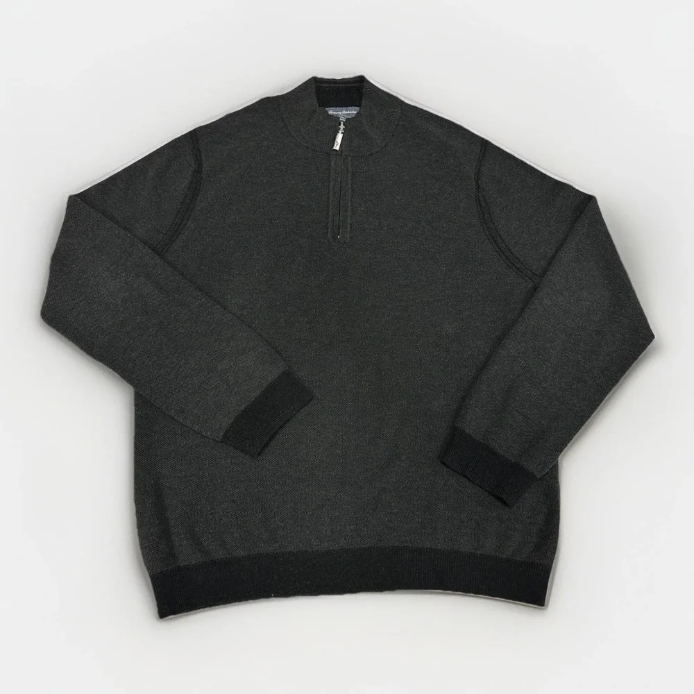 Tommy Bahama Reversible Quarter Zip Sweater XL Gray 100% Pima Cotton Pullover